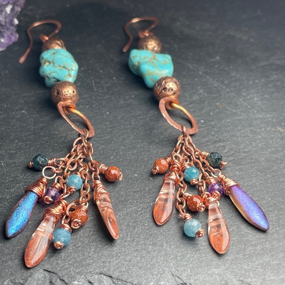 Artisan Jewelry - Artisan Turquoise Hand Wired Copper Fringe Dangle Earrings